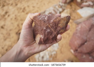 Hand holding a piece of red shale on nature background.  - Powered by Shutterstock