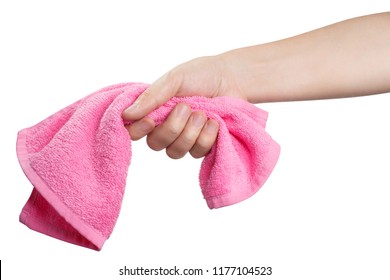 Hand Holding Pink Towel, Isolated On White Background