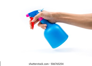 Hand Holding Plastic Foggy Spray Bottle Isolated On White Background