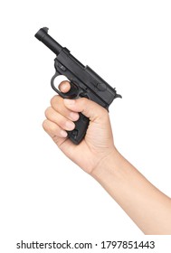 Hand Holding Plastic Toy Gun Isolated On White Background