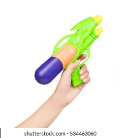 Hand Holding Plastic Water Gun Isolated On White Background