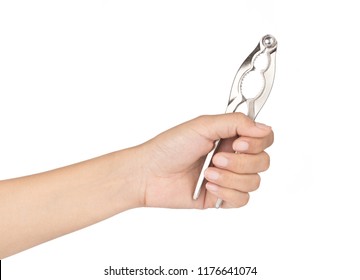 hand holding Pliers for crabs isolated on white background