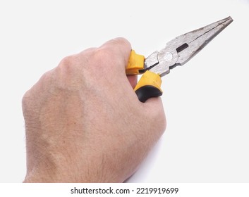 Hand Holding Pliers On White Background 