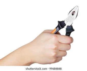 Hand Holding Pliers On A White Background