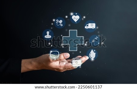 Hand holding plus and healthcare medical icon. Health insurance, health and access to welfare health concept.