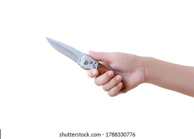 Hand Holding Pocket Knife On White Background