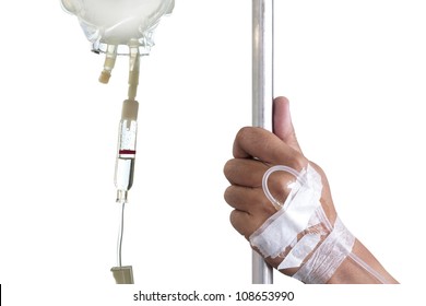 Hand Holding Pole With Iv Bag On White Background