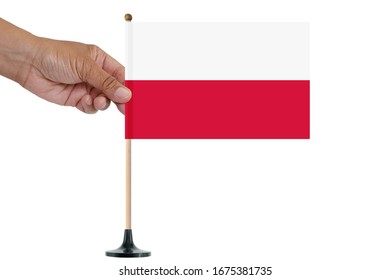 Hand Holding Polish Flag On Wood Pole White Background