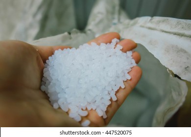 Hand holding polyethylene pellets