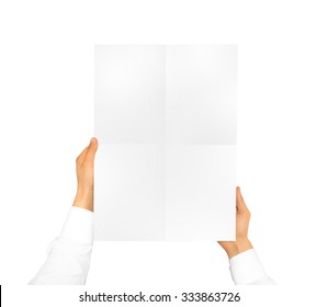 Hand Holding Poster Mock Up. Nice Mockup To Show Your Design, Picture Or Illustration. Blank Sheet Hold In Hands Isolated On White Background. Display Movie Theatre Cinema Film With Poster Holder.