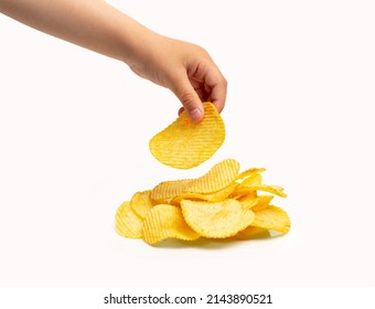 Hand Holding Potato Chips Isolated On A White Background