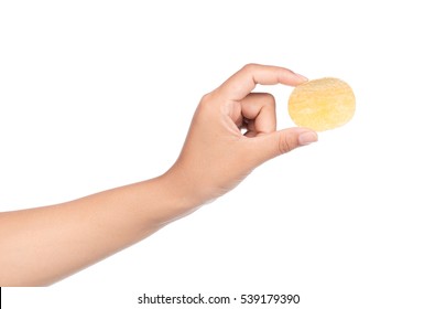 Hand Holding Potato Chips Isolated On White Background