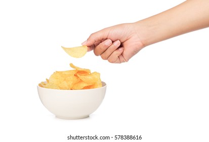 Hand Holding Potato Chips On Bowl Isolated On White Background