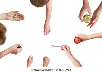 Hand holding and preparation sandwiches and snacks for eating isolated on white. For oun design. Healthy organic food. Top view