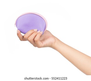 Hand Holding Purple Coin Purse Isolated On White Background