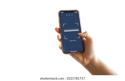 Hand holding QR code scanner from smartphone mobile app isolated on white background. Phone screen showing digital scanning interface - Powered by Shutterstock - Get 15% off with code: PIKWIZARD15
