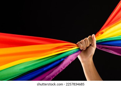 Hand holding rainbow coloured flag with copy space on black background. Pride month, equality, lgbt and human rights concept. - Powered by Shutterstock