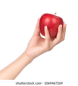 Hand Holding Red Apple Isolated On White Background 