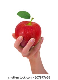 Hand Holding Red Apple Isolated On White