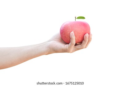 Hand Holding A Red Apple Isolated On White Background With Clipping Path.