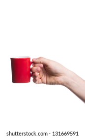 Hand Holding A Red Cup Isolated On White Background.