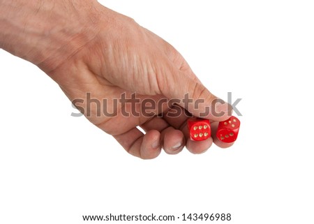 Hand holding red dices, isolated on white