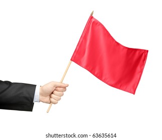 Hand Holding A Red Flag Isolated On White Background