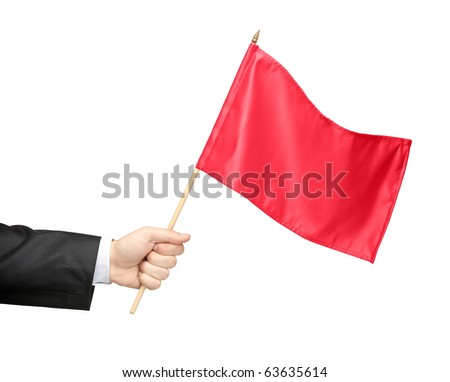 Hand holding a red flag isolated on white background