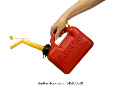 Hand Holding Red Gasoline Container Isolated On White