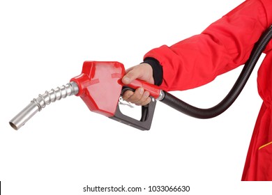 Hand Is Holding Red Gasoline Pistol Pump Fuel Nozzle