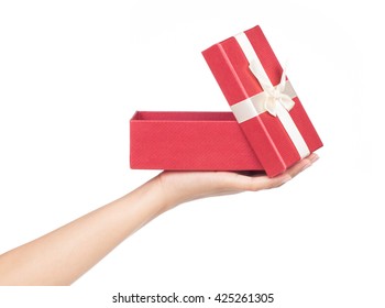 Hand Holding Red Gift Box Isolated On White Background