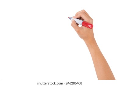 Hand holding red marker for writing isolated on white background