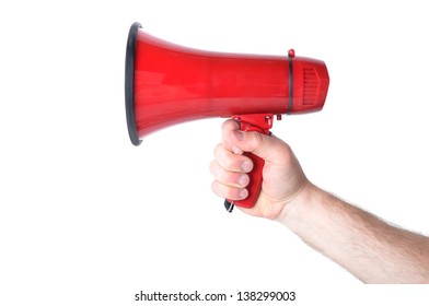 Hand Holding A Red Megaphone Isolated On White