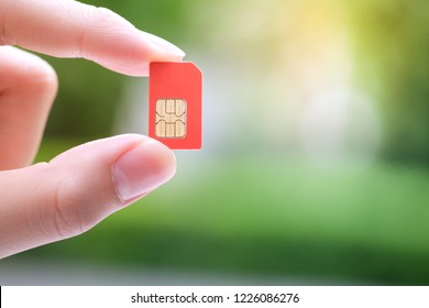 Hand Holding Red Sim Card.