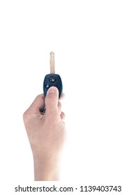 Hand Holding A Remote Control Car Keys On A White Background.