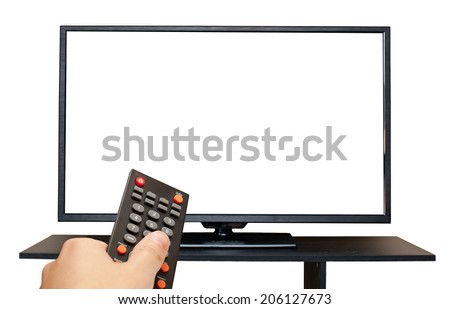 Hand holding remote control to the TV screen isolated on white background