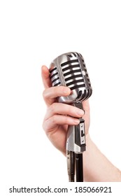  Hand Holding A Retro Microphone, Isolated On White