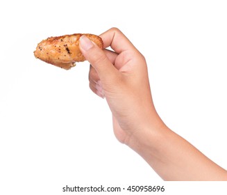 Hand Holding Roasted Chicken Wing Isolated On White Background