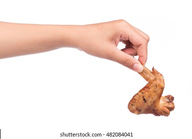 Hand Holding Roasted Chicken Wing Isolated On White Background