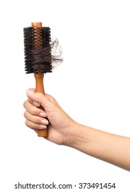 Hand Holding Round Hair Brush With Lost Hair, Isolated On White Background