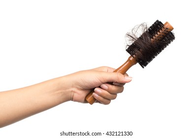 Hand Holding Round Hair Brush With Lost Hair, Isolated On White Background