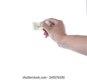 Hand Holding Rubber Stamp On White Background 