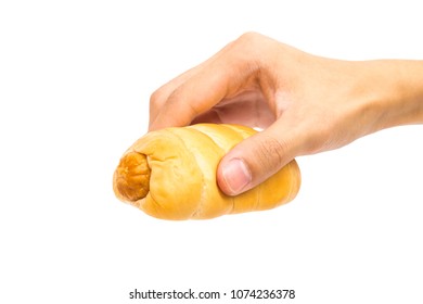 Hand Holding Sausage Bread Roll Isolated On White Background