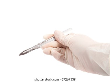 Hand Holding Scalpel Isolated On White