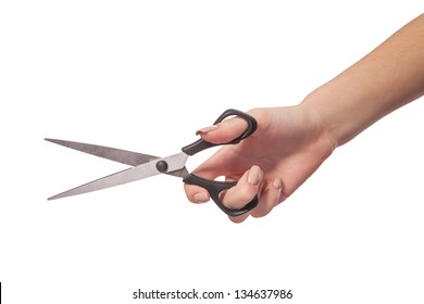 Hand Is Holding Scissors Isolated On A White Background