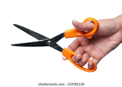 Hand Holding Scissors Isolated On White Background.