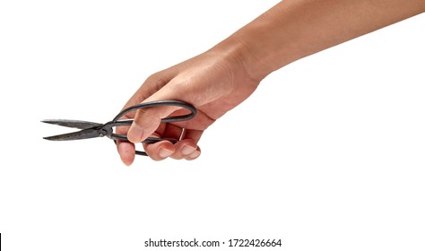 Hand Holding Scissors Isolated On White Background 