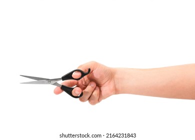 Hand Holding Scissors Isolated On White Background