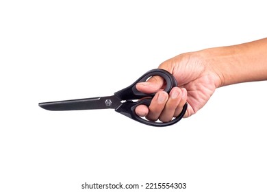 Hand Holding Scissors Isolated On White Background