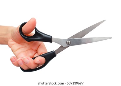 Hand Is Holding Scissors Isolated On A White Background